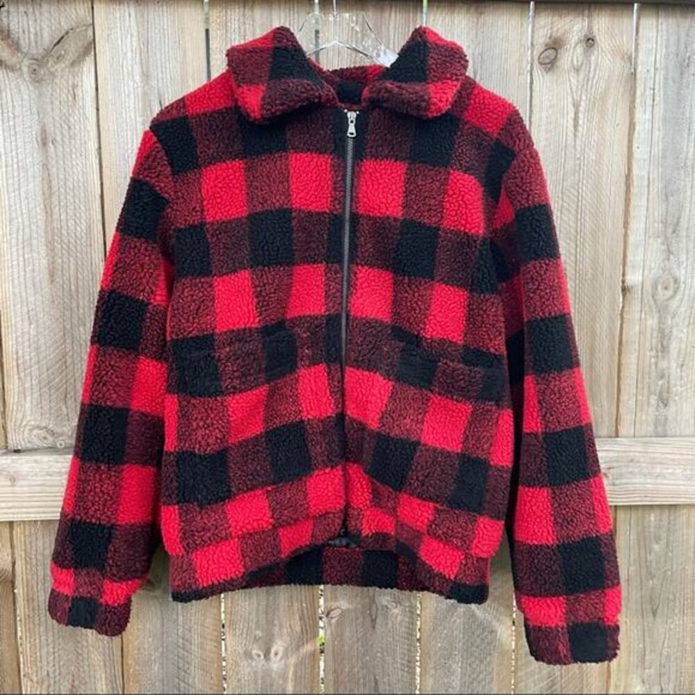 Elodie Buffalo Plaid Teddy Jacket Fuzzy Cozy Faux Shearling Red Black Sz XS NWT